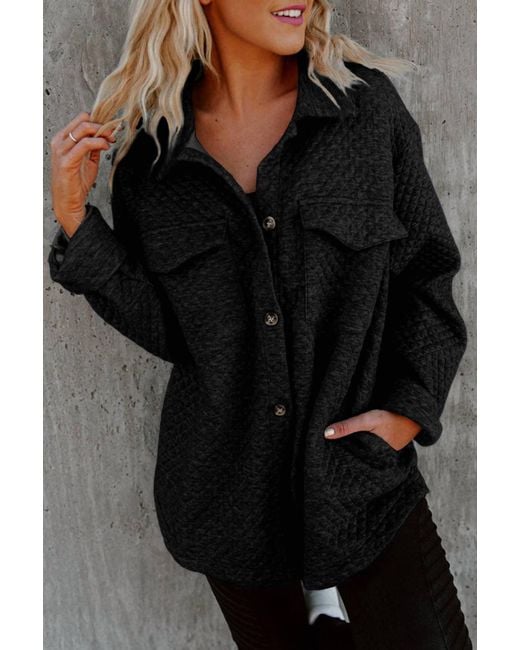 Lovesoft Black Retro Quilted Flap Pocket Button Shacket