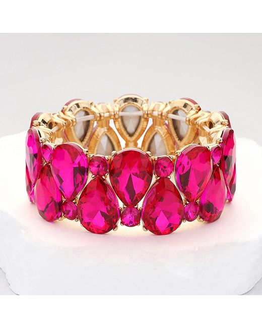 Fashnzfab Pink Teardrop Round Glass Stone Cluster Stretch Evening Bracelet Fuchsia