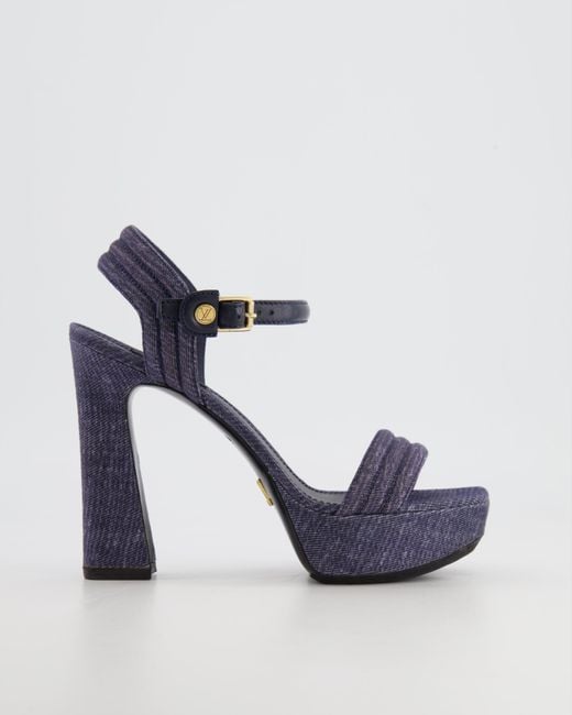 Louis Vuitton Blue Denim Sandal Heels With Lv Gold Ankle-strap Detail