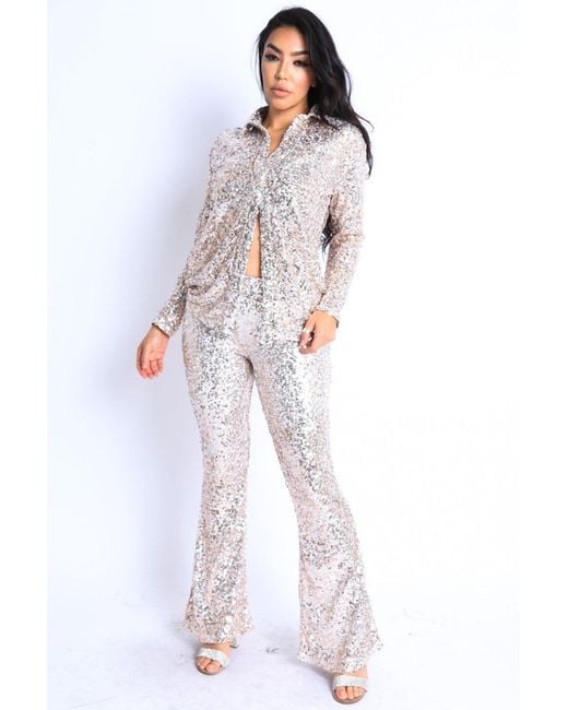 TRUEDAMES White Sequin Button Down Shirt And Pant Set