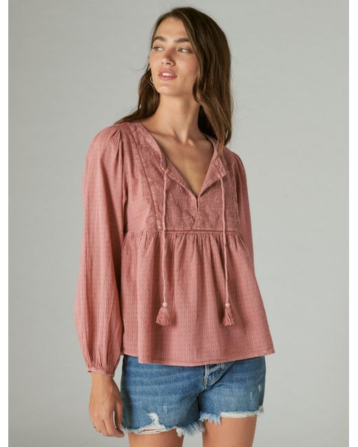 Lucky Brand Red Long Sleeve Peasant Blouse