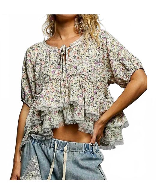 Pol Gray Neck Loop Floral Ruffle Top