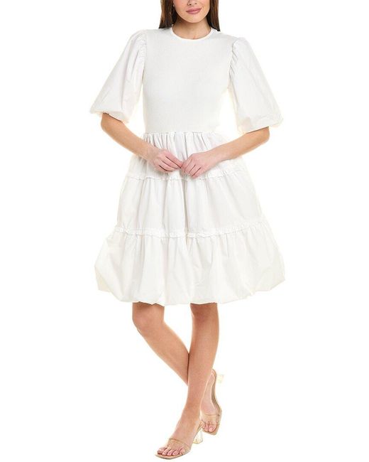Gracia White Spliced Gathered Puff Sleeve A-line Dress