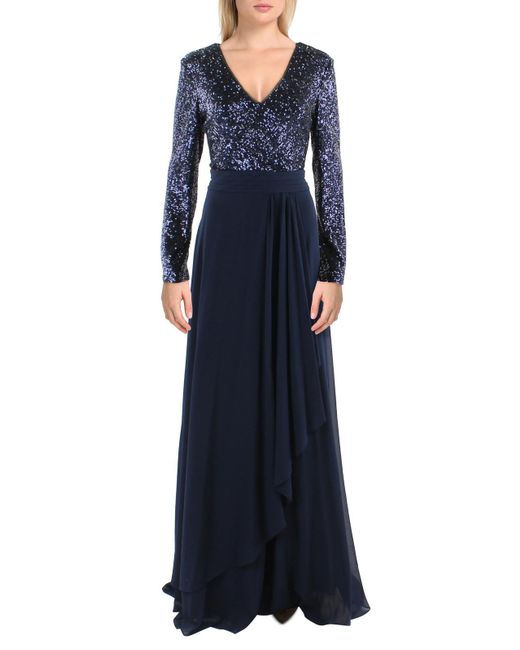Xscape Blue Sequined V-neck Evening Dress