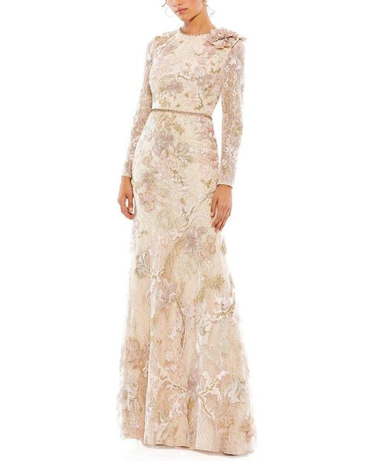 Mac Duggal Natural Floral Embroidered Lace Trumpet Gown