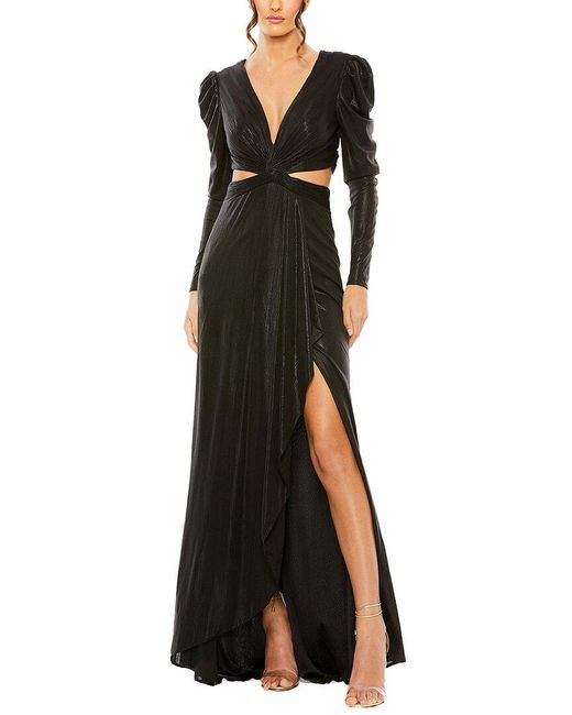 Mac Duggal Black Princess Sleeve Cutout Metallic Gown