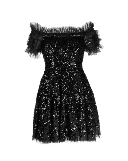 Needle & Thread Black Sequin Wreath Off- Shoulder Micro Mini Dress Graphite