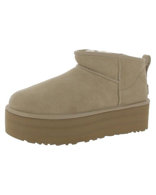 Ugg Brown Classic Ultra Mini Platform Suede Sherpa Ankle Boots