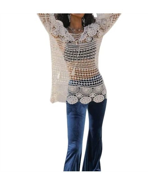 Leto White Annalise Lace-up Crochet Tunic Top