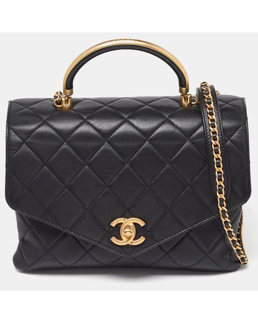Chanel Black Quilted Leather Flap Gold Top Handle Bag