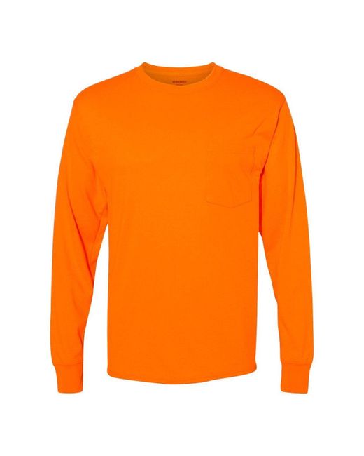 Hanes Orange Workwear Long Sleeve Pocket T-shirt for men