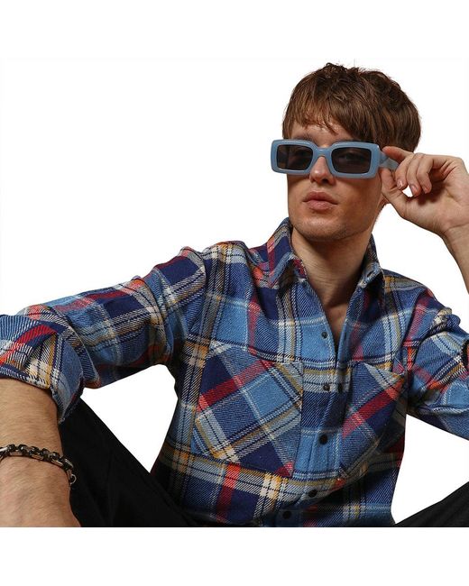 Campus Sutra Blue Azure Tartan Plaid Utility Overshirt for men