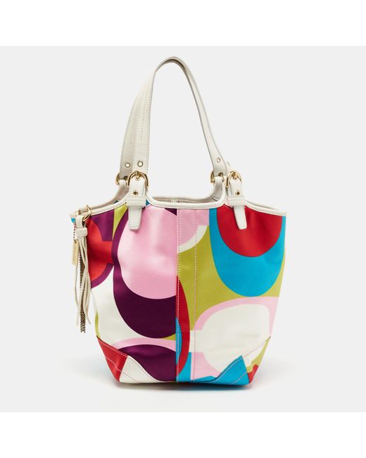 COACH Red Color Printed Satin And Leather Hobo