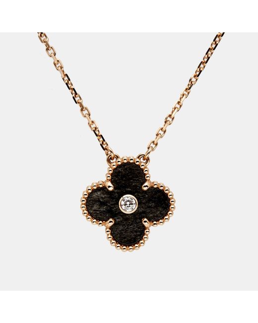 Van Cleef & Arpels White Vintage Alhambra Obsidian Diamond 18k Rose Gold 2023 Holiday Necklace