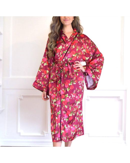 8 Oak Lane Floral Satin Robe in Red | Lyst