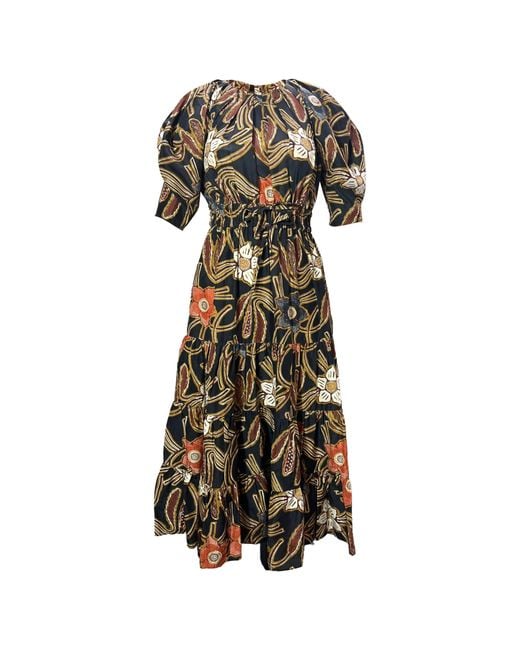 Ulla Johnson Black Zeenat Floral Print Shirred Midi Puffed Sleeve Dress