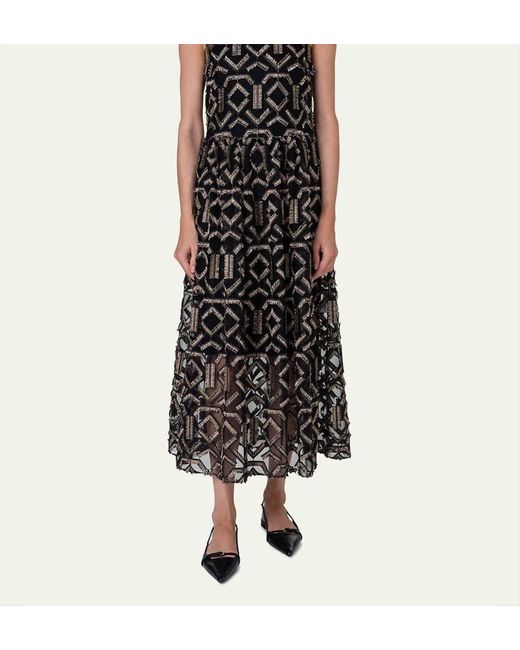 Akris Punto Black Fringe Embroidered Tulle Midi Dress
