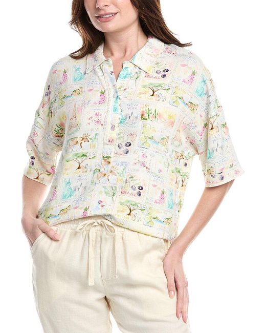 Splendid Natural Coastal Postcard Linen-Blend Top