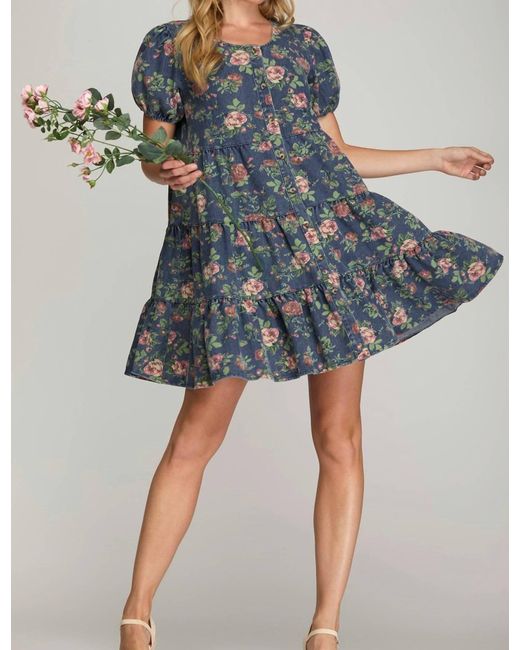 she sky denim dress She + Sky Puff Sleeve Button Down Tiered Print Denim Dress in Blue