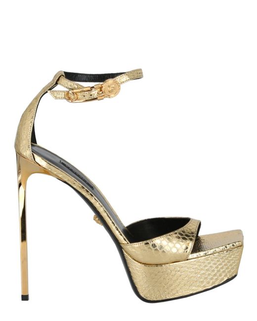 Versace Metallic Safety Pin Leather Heeled Sandals