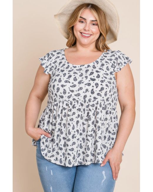 Fashnzfab Blue Plus Size Paisley Flutter Sleeves Top