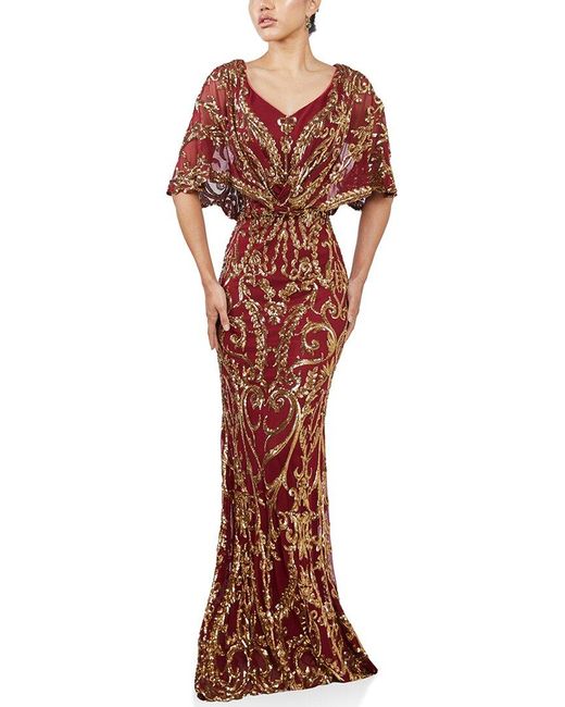 Terani Brown Embroidered Cape Sleeve Dress