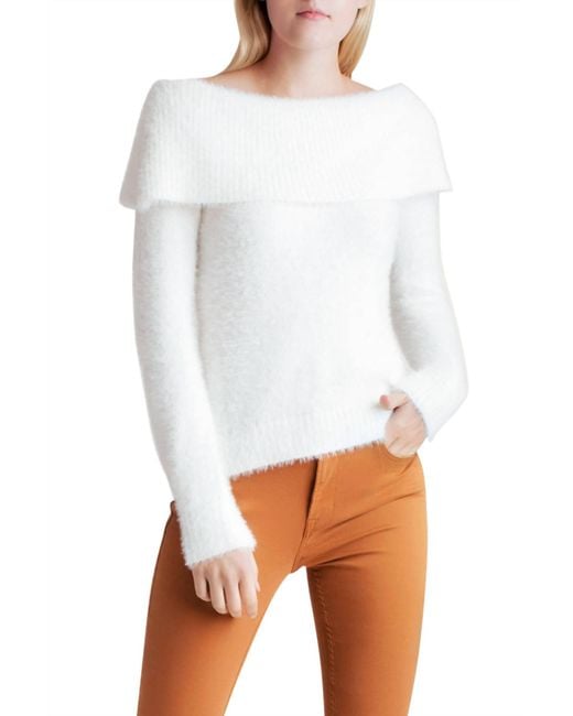Kensie White Fur Yarn Long Sleeve Off The Shoulder Sweater
