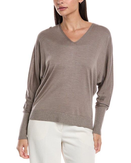Lafayette 148 New York Gray V-Neck Dolman Wool & Silk-Blend Sweater