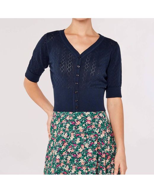 Apricot Blue Short Sleeve Pointelle Cardigan In Navy