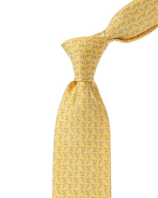 Ferragamo Metallic Yellow Birds & Tails Silk Tie for men