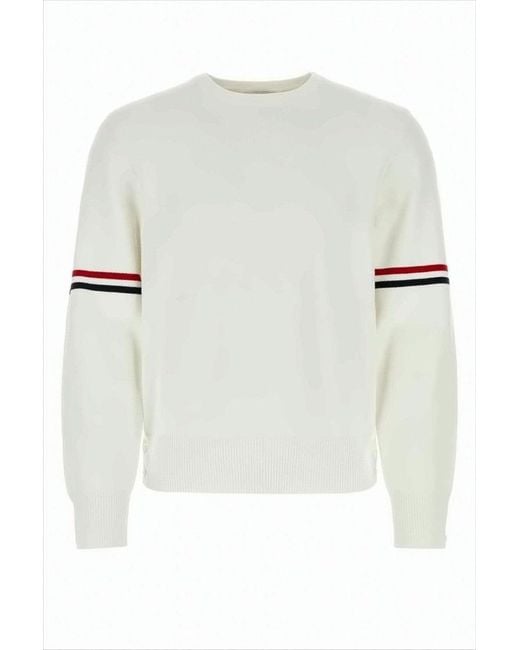 Thom Browne White Classic Crew Neck Sweater With Contrasting Stripes And Ribbed Detail for men