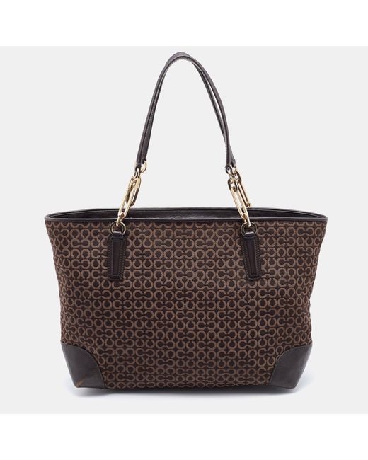 COACH Brown Signature Canvas And Leather Needlepoint Shopper Tote