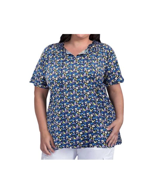 On The Plus Side Blue Printed Short Sleeve Ruffle And Tie Top