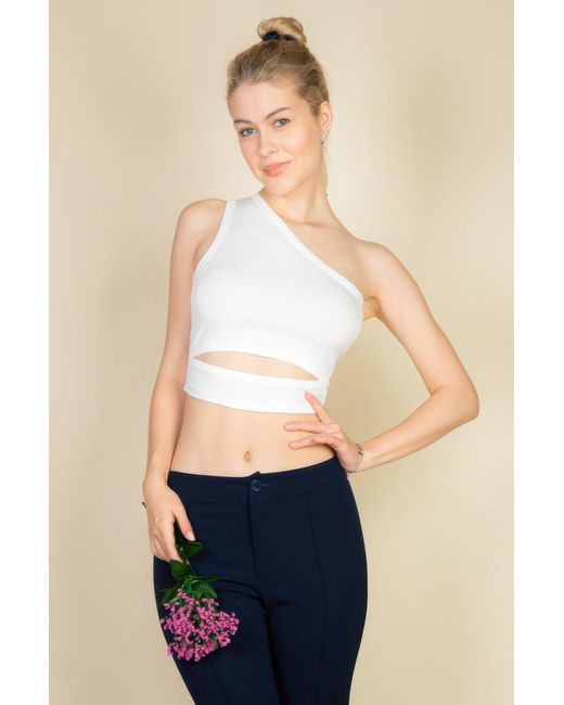TRUEDAMES Blue Ribbed Knit Cut Out One Shoulder Crop Top