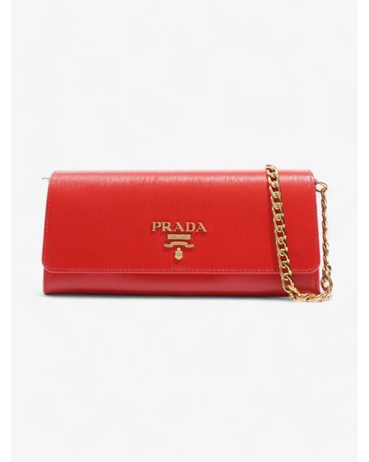 Prada Red Vitello Long Wallet On Chain Leather