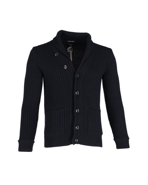 Tom Ford Shawl Collar Ribbed Cardigan In Navy Blue Wool for men