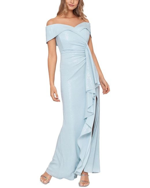 Xscape Blue Metallic Long Evening Dress