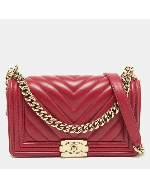 Chanel Red Fuchsia Chevron Leather Medium Boy Flap Bag