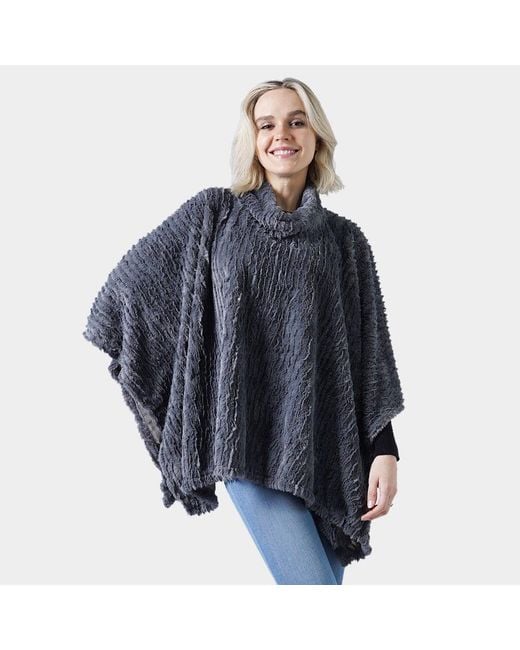 TRUEDAMES Blue Stripe Pattern Faux Fur Poncho
