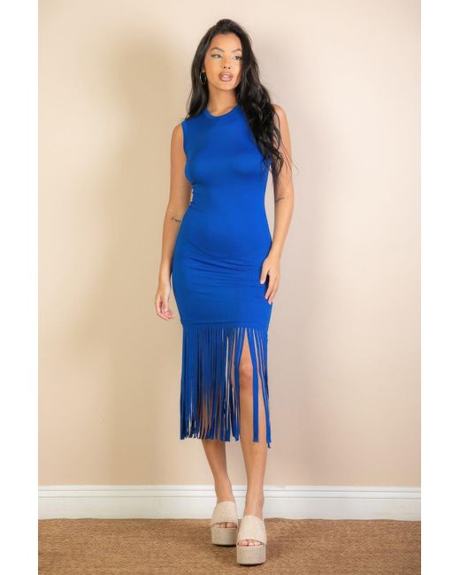TRUEDAMES Blue Sleeveless Fringe Midi Dress