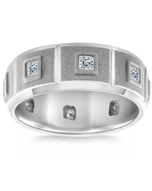 Pompeii3 Metallic 3/4ct Princess Cut Diamond Brushed Wedding Ring 14k Gold Lab Grown 7mm