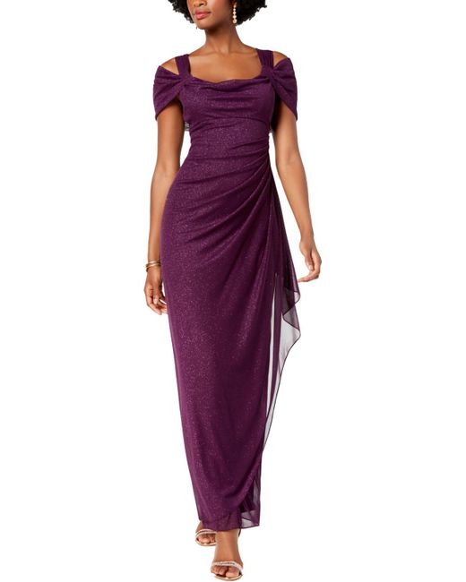 Alex Evenings Purple Glitter Cold Shoulder Evening Dress
