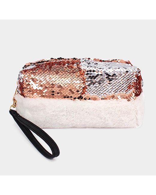 Fashnzfab Pink Reversible Sequin Soft Fur Wristlet Pouch Bag