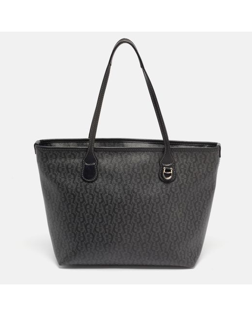 Aigner Black Monogram Coated Canvas And Leather Top Zip Tote