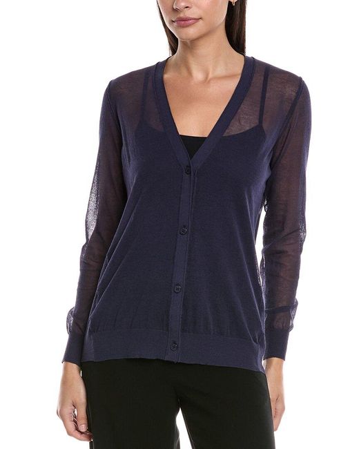 Lafayette 148 New York Blue V-Neck Button Front Wool-Blend Cardigan