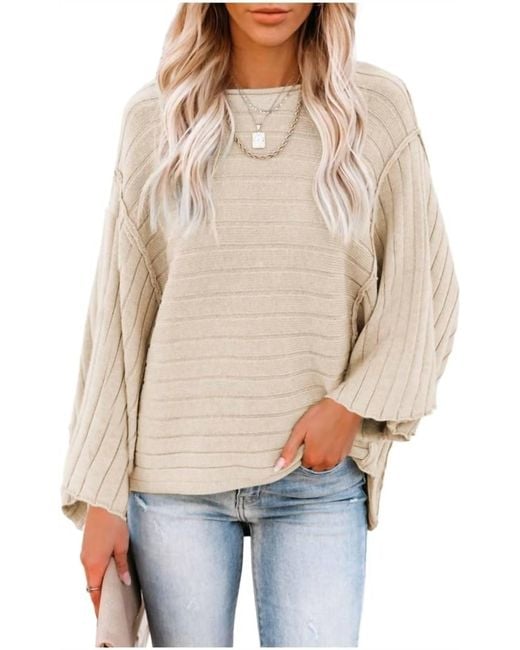 Shewin Natural 3/4 Sleeve Ribbed Sweater