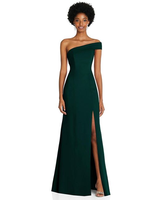 After Six Green Asymmetrical Off-the-shoulder Cuff Trumpet Gown With Front Slit