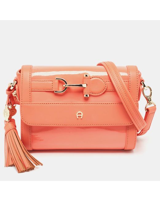 Aigner Pink Peach Patent And Leather Clasp Flap Shoulder Bag