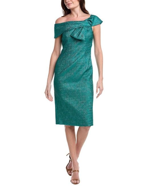 Teri Jon Pebble Jacquard Asymmetrical Bow Shoulder Dress in Green | Lyst
