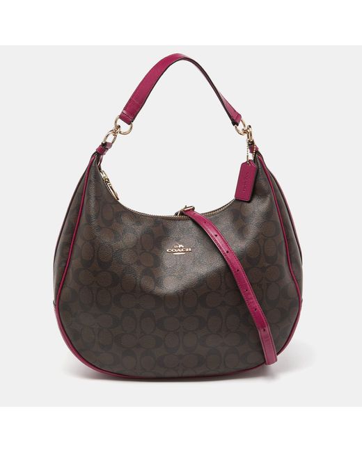 COACH /brown Signature Coated Canvas And Leather Harley Hobo